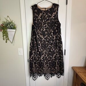 Sharagano Black Lace Overlay Midi Dress with Nude Lining